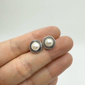 Napier White Faux Pearl Silver Tone Circular Stud Earrings